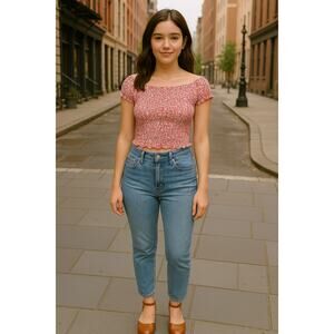 SO Smocked Ditsy Floral Top Womens Size XL Off The Shoulder Red Y2K Cottage